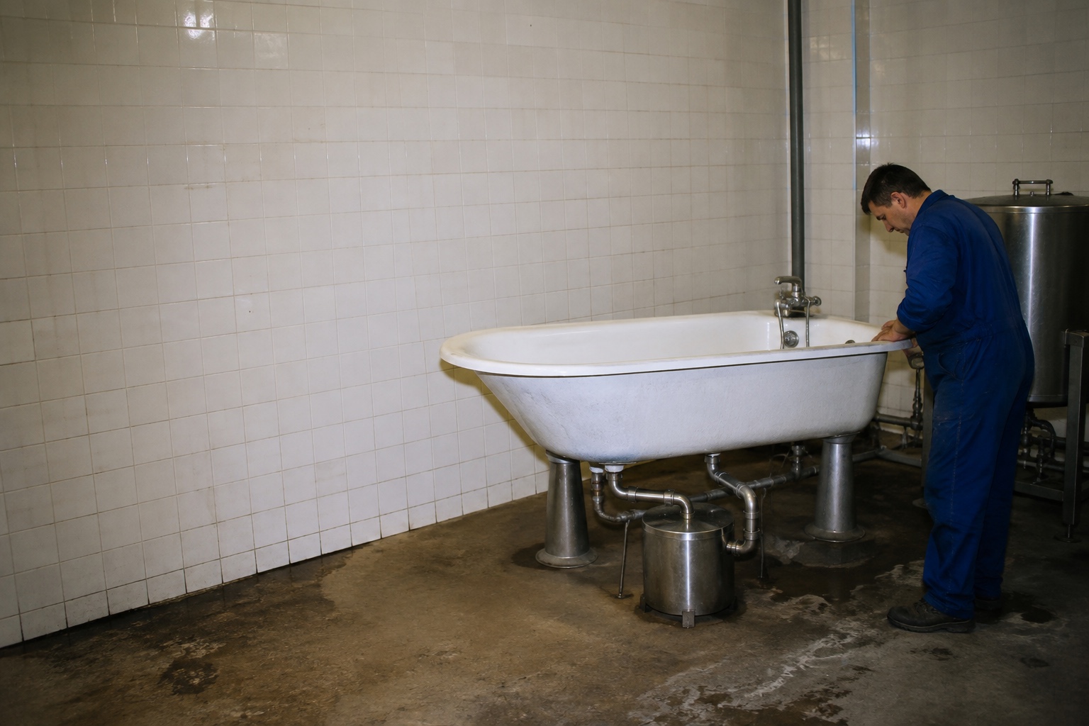 In the fictional BATHWTR factory, a worker waters soap bars beneath an elevated bubble-filled tub