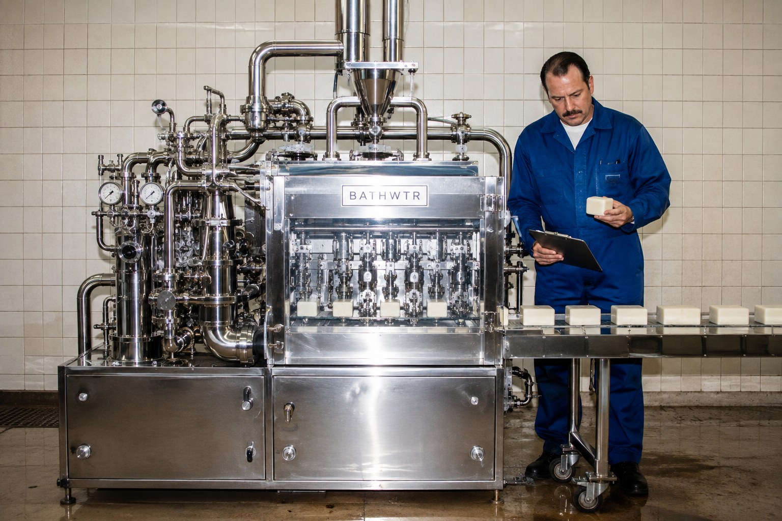 A serious BATHWTR employee checks soap bars on a conveyor beside an unnecessarily complicated steel processing machine